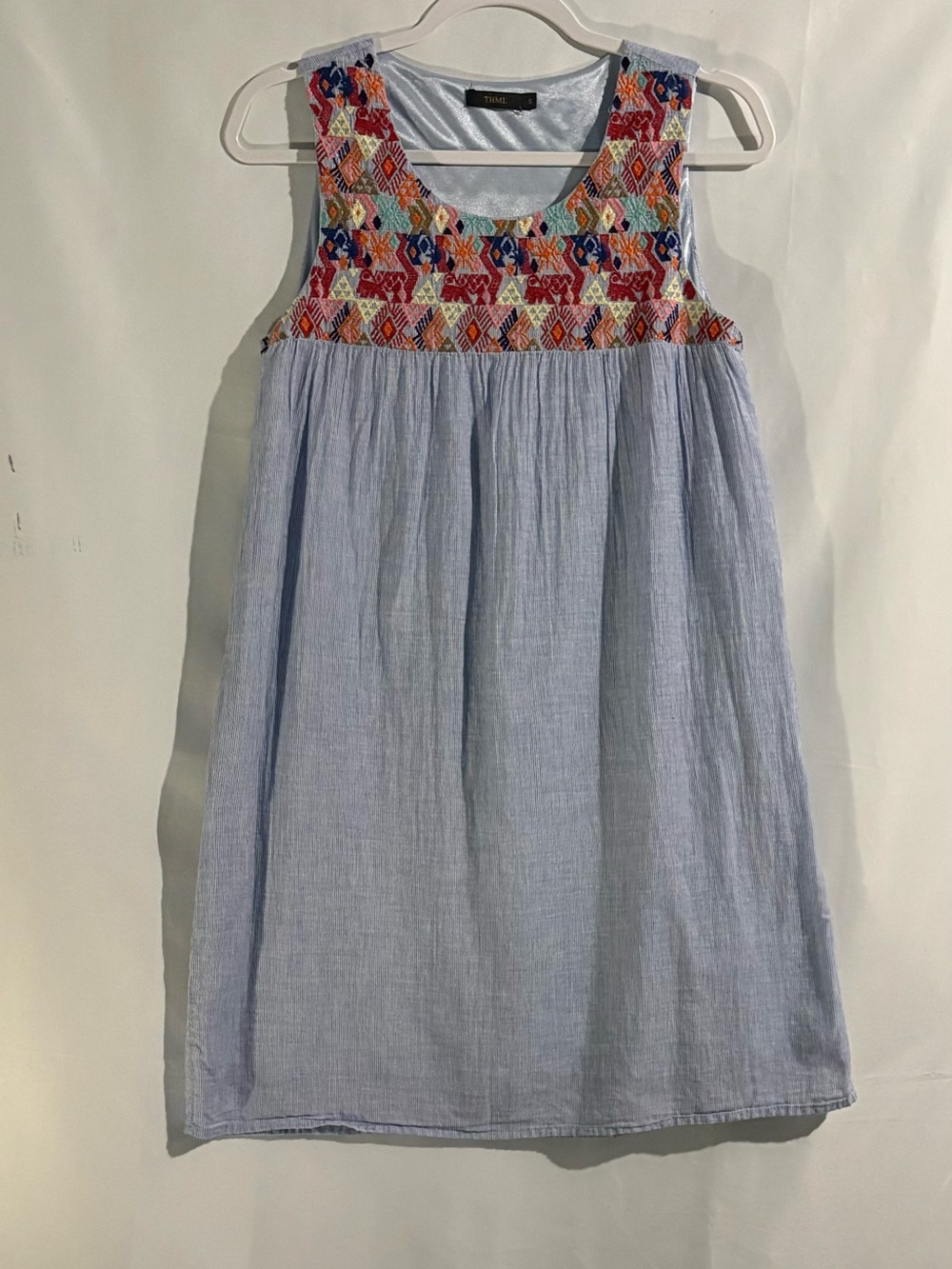 THML Light Blue Sleeveless Dress with Multicolor Embroidered Yoke